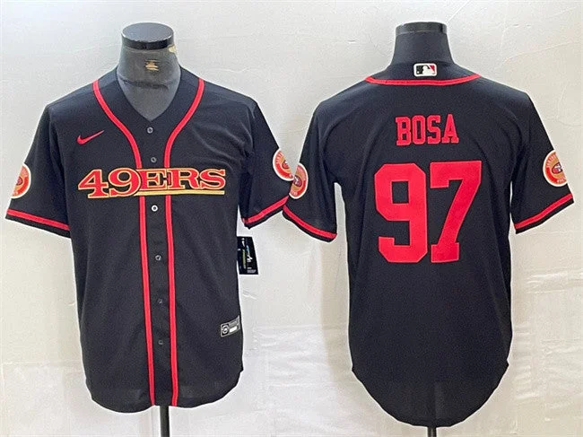 Baseball Jersey With Custom Embroidered Designs-Men's San Francisco 49ers #97 Nick Bosa Black With Patch Cool Base Stitched Baseball Jersey