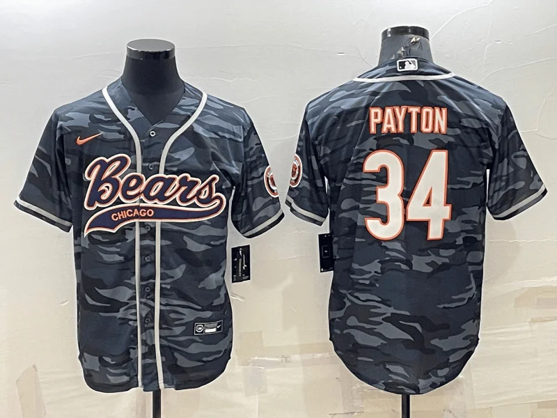 Baseball Jersey With Embroidered Logo-Men's Chicago Bears Blank #34 Walter Payton Grey Camo With Patch Cool Base Stitched Baseball Jerseys