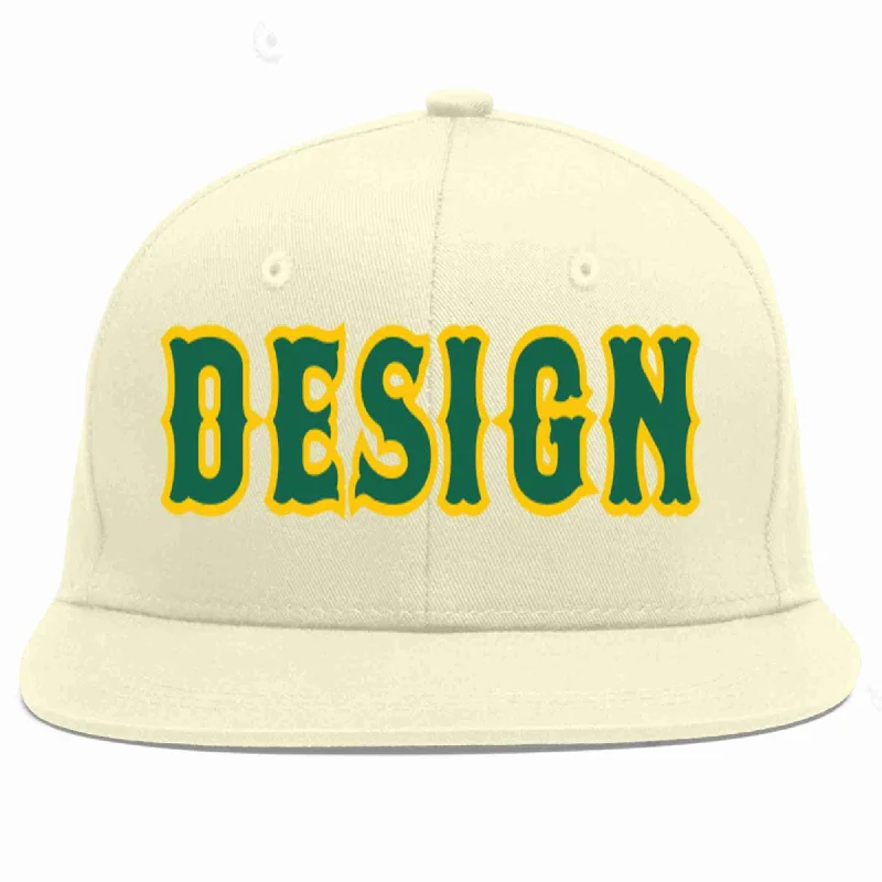 Personalized Baseball Cap-Custom Cream Kelly Green-Gold Flat Eaves Sport Baseball Cap Design for Men/Women/Youth