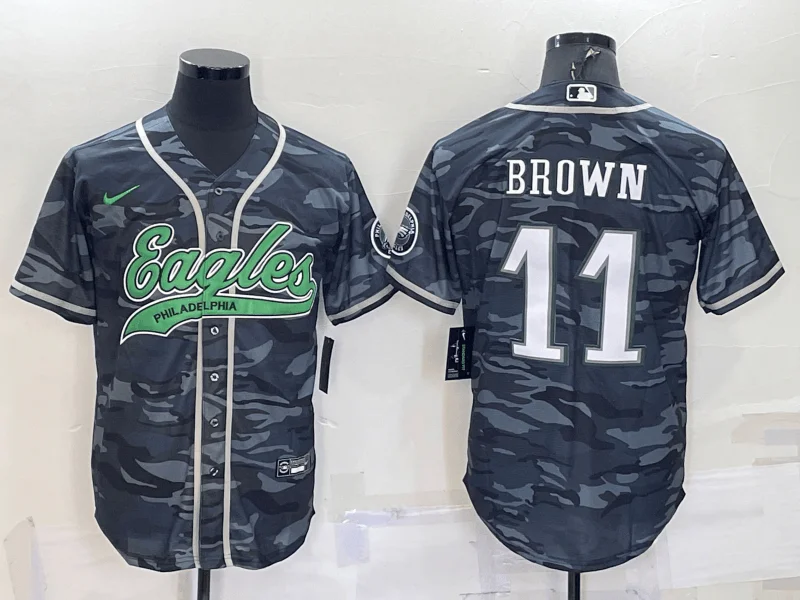 Baseball Jersey For Team Uniforms-Men's Philadelphia Eagles #11 AJ Brown Grey Camo With Patch Cool Base Stitched Baseball Jersey