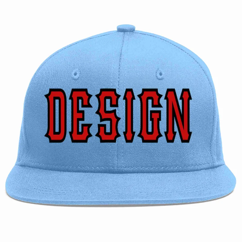 Baseball Cap For Family Events-Custom Light Blue Red-Black Flat Eaves Sport Baseball Cap Design for Men/Women/Youth