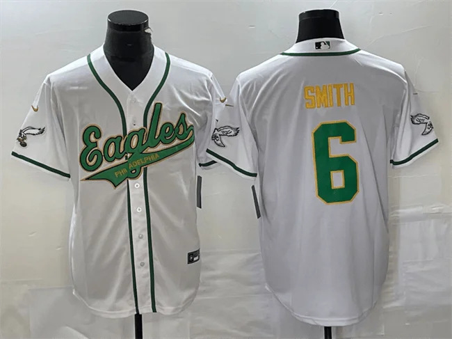 Baseball Jersey For Team Spirit-Men's Philadelphia Eagles #6 DeVonta Smith White Gold Cool Base Stitched Baseball Jersey