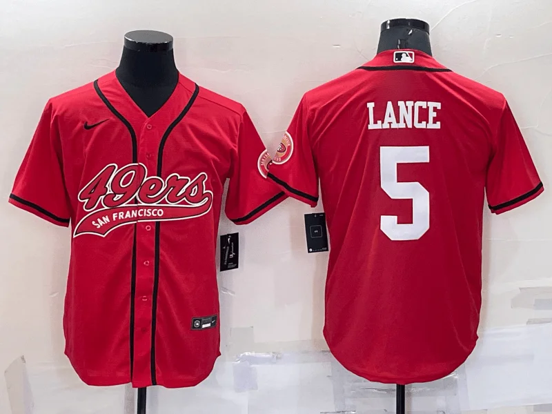 Baseball Jersey For Custom Embroidered Team Names-Men's San Francisco 49ers #5 Trey Lance Red Stitched Cool Base Baseball Jersey