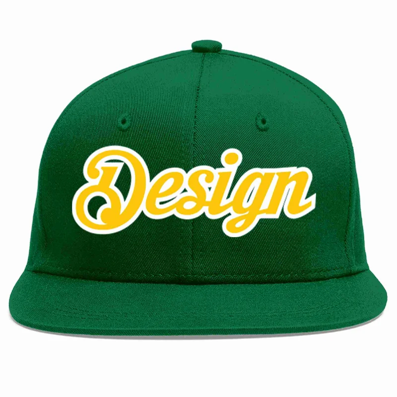 Baseball Cap For School Teams-Custom Green Gold-White Flat Eaves Sport Baseball Cap Design for Men/Women/Youth