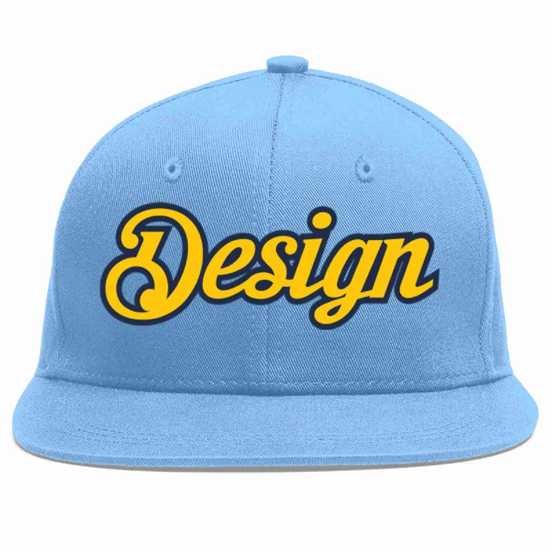 Baseball Cap For Team-Custom Light Blue Gold-Navy Flat Eaves Sport Baseball Cap Design for Men/Women/Youth