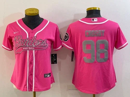 Baseball Jersey For College Fans-Women's Las Vegas Raiders #98 Maxx Crosby Pink Silver With Patch Cool Base Stitched Baseball Jersey(Run Small)