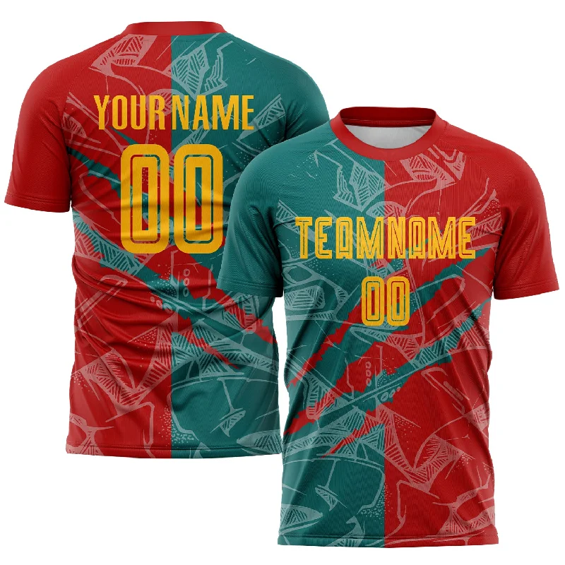 Football Jersey With Bold Design-Custom Graffiti Pattern Yellow Red-Teal Scratch Sublimation Soccer Uniform Jersey