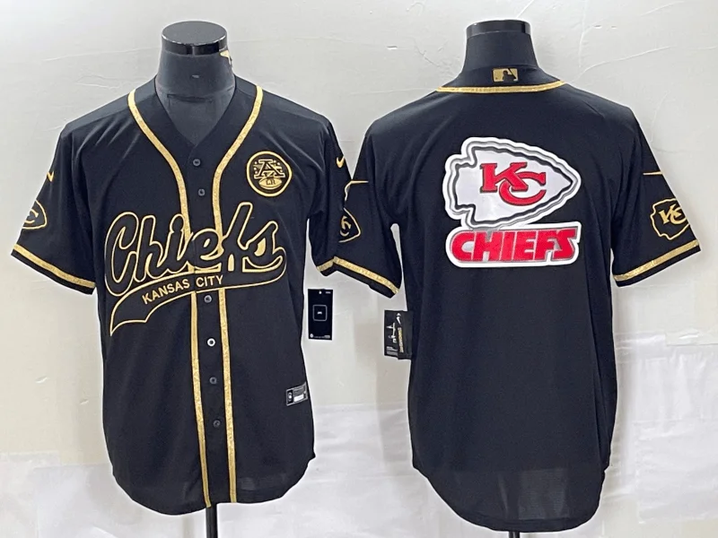 Baseball Jersey For Group Orders-Men's Kansas City Chiefs Big Logo Black Gold Cool Base Stitched Baseball Jersey