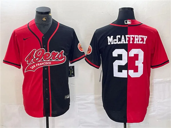 Baseball Jersey For Team Customization-Men's San Francisco 49ers #23 Christian McCaffrey Red/Black Split With Patch Cool Base Stitched Baseball Jersey