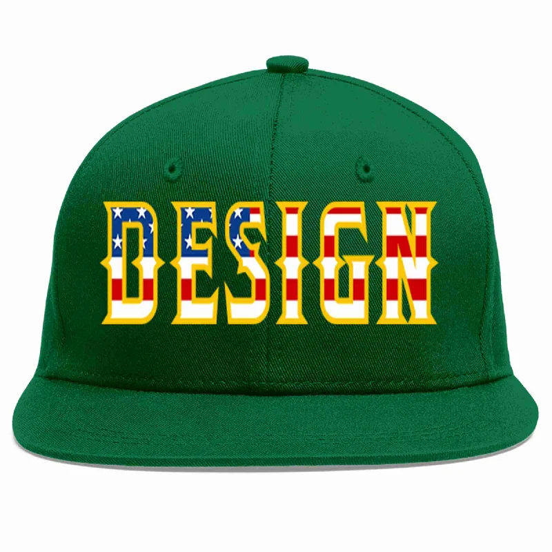 Baseball Cap For Youth Leagues-Custom Green Vintage USA Flag-Gold Flat Eaves Sport Baseball Cap Design for Men/Women/Youth