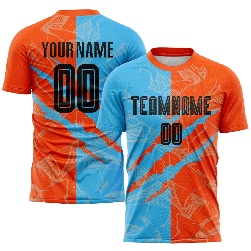 Football Jersey For Fan Apparel With Logos-Custom Graffiti Pattern Black Sky Blue-Orange Scratch Sublimation Soccer Uniform Jersey