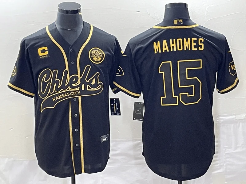 Baseball Jersey For Professional Teams-Men's Kansas City Chiefs #15 Patrick Mahomes Black Gold C Patch Cool Base Stitched Baseball Jersey