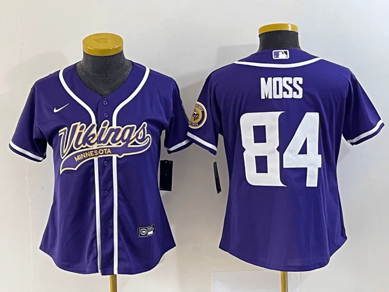 Baseball Jersey For Team Apparel And Gear-Women's Minnesota Vikings #84 Randy Moss Purple With Patch Cool Base Stitched Baseball Jersey(Run Small)