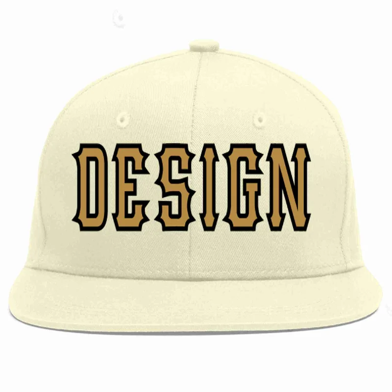 Baseball Cap For Team Merchandise-Custom Cream Old Gold-Black Flat Eaves Sport Baseball Cap Design for Men/Women/Youth