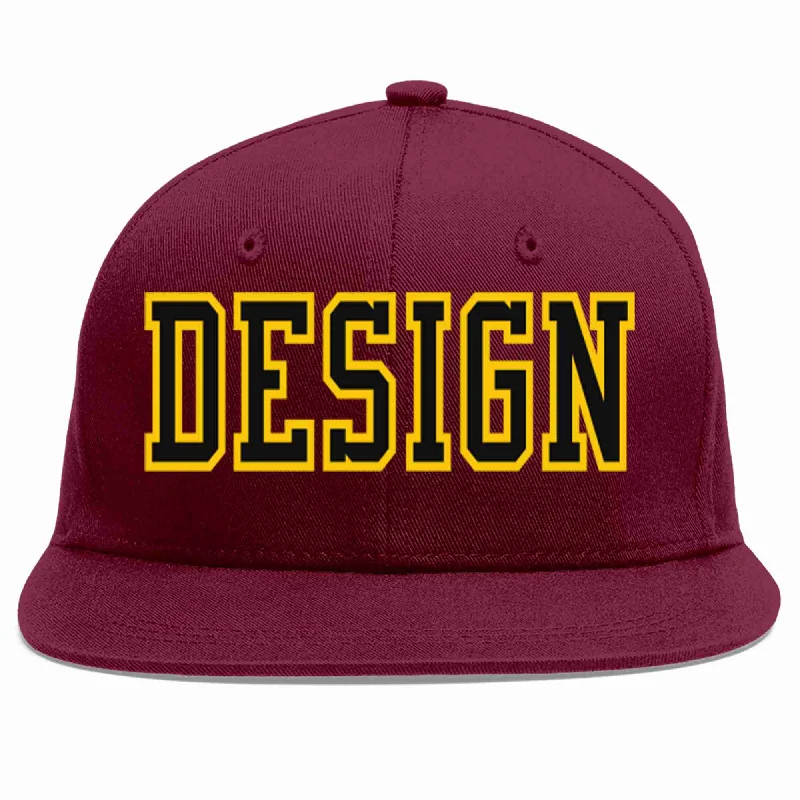 Baseball Cap For Comfort And Style-Custom Crimson Black-Gold Flat Eaves Sport Baseball Cap Design for Men/Women/Youth