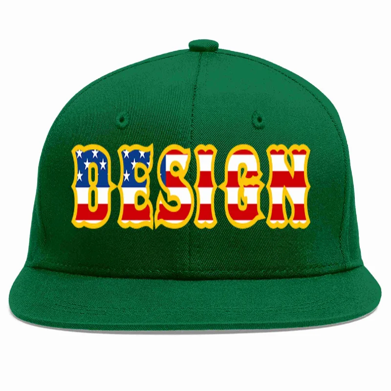 Baseball Cap For Fast-Pitch Leagues-Custom Green Vintage USA Flag-Gold Flat Eaves Sport Baseball Cap Design for Men/Women/Youth