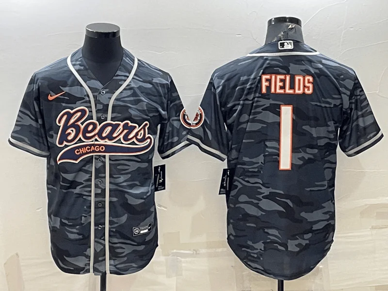 Baseball Jersey For Official League Orders-Men's Chicago Bears Blank #1 Justin Fields Grey Camo With Patch Cool Base Stitched Baseball Jersey