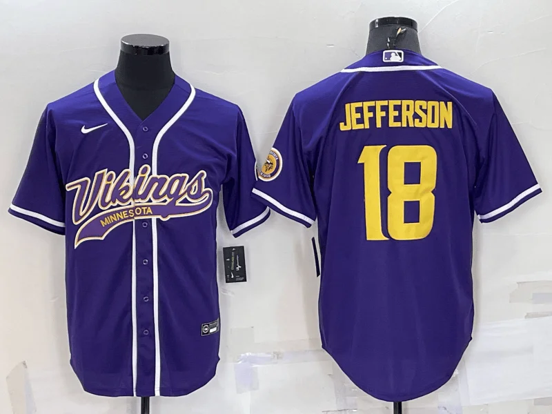 Baseball Jersey For Fans-Men's Minnesota Vikings #18 Justin Jefferson Purple Yellow With Patch Cool Base Stitched Baseball Jersey