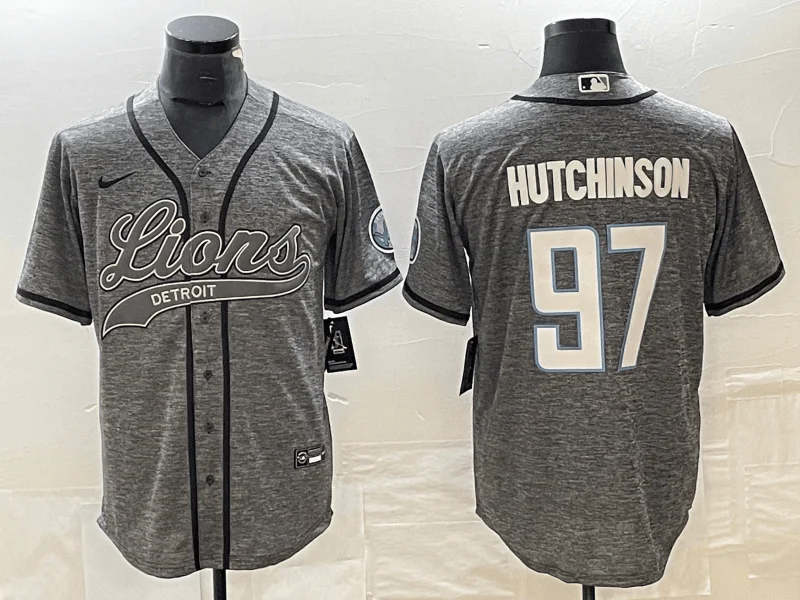 Baseball Jersey For Promotional Fan Apparel-Men's Detroit Lions #97 Aidan Hutchinson Grey Gridiron With Patch Cool Base Stitched Baseball Jersey