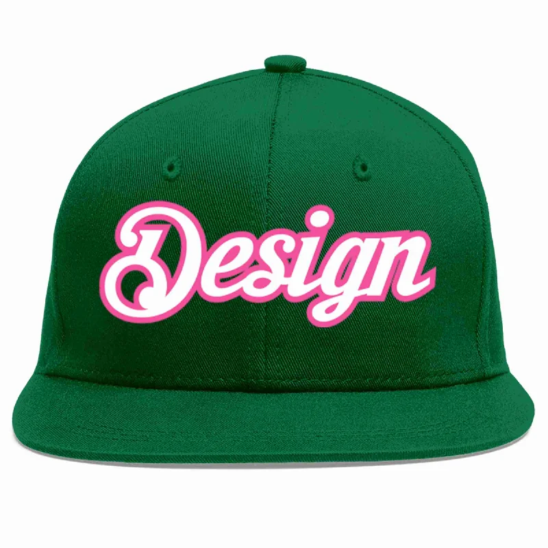 Baseball Cap For Players-Custom Green White-Pink Flat Eaves Sport Baseball Cap Design for Men/Women/Youth