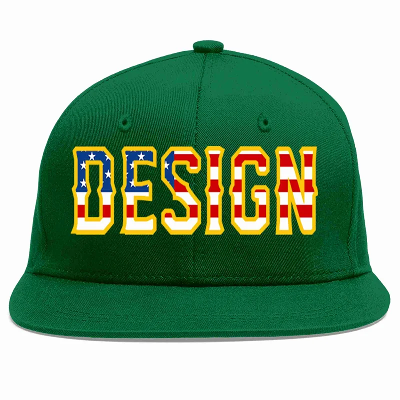 Baseball Cap For Limited-Edition Sales-Custom Green Vintage USA Flag-Gold Flat Eaves Sport Baseball Cap Design for Men/Women/Youth