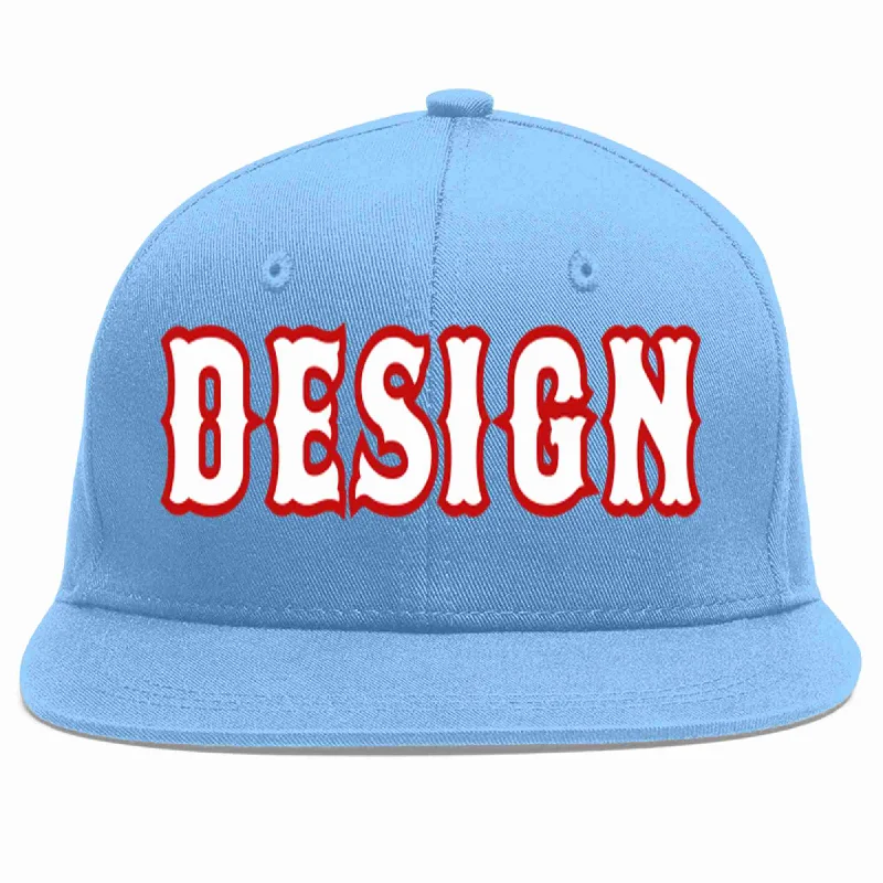 Baseball Cap For Player Recognition-Custom Light Blue White-Red Flat Eaves Sport Baseball Cap Design for Men/Women/Youth