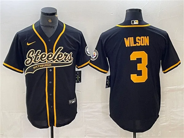 Baseball Jersey For College Tournament Teams-Men's Pittsburgh Steelers #3 Russell Wilson Black Gold With Patch Cool Base Stitched Baseball Jersey