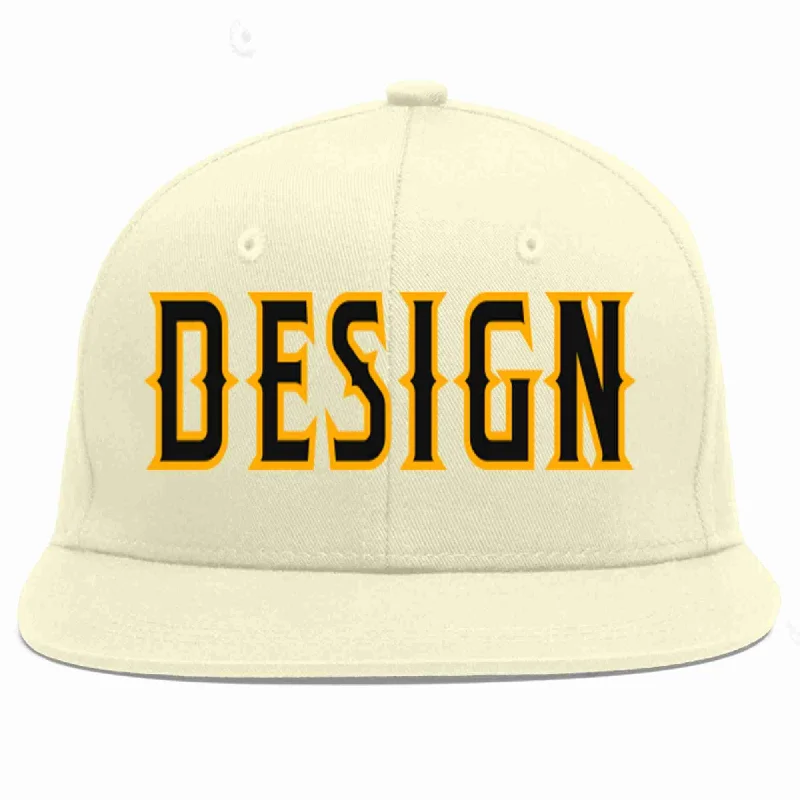 Baseball Cap For Fashionable Fans-Custom Cream Black-Yellow Flat Eaves Sport Baseball Cap Design for Men/Women/Youth