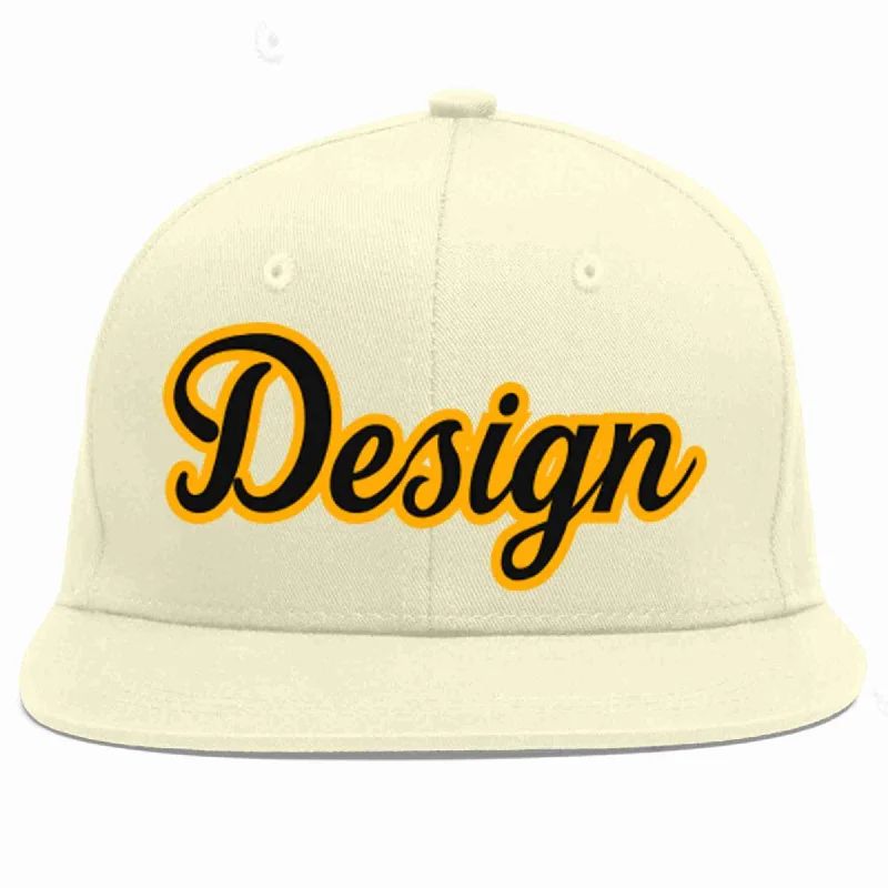 Baseball Cap For Outdoor Sports-Custom Cream Black-Yellow Flat Eaves Sport Baseball Cap Design for Men/Women/Youth