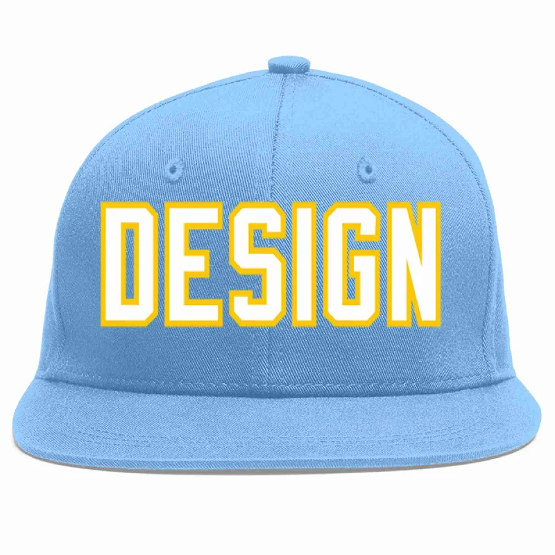 Baseball Cap For Official League Merchandise-Custom Light Blue White-Gold Flat Eaves Sport Baseball Cap Design for Men/Women/Youth