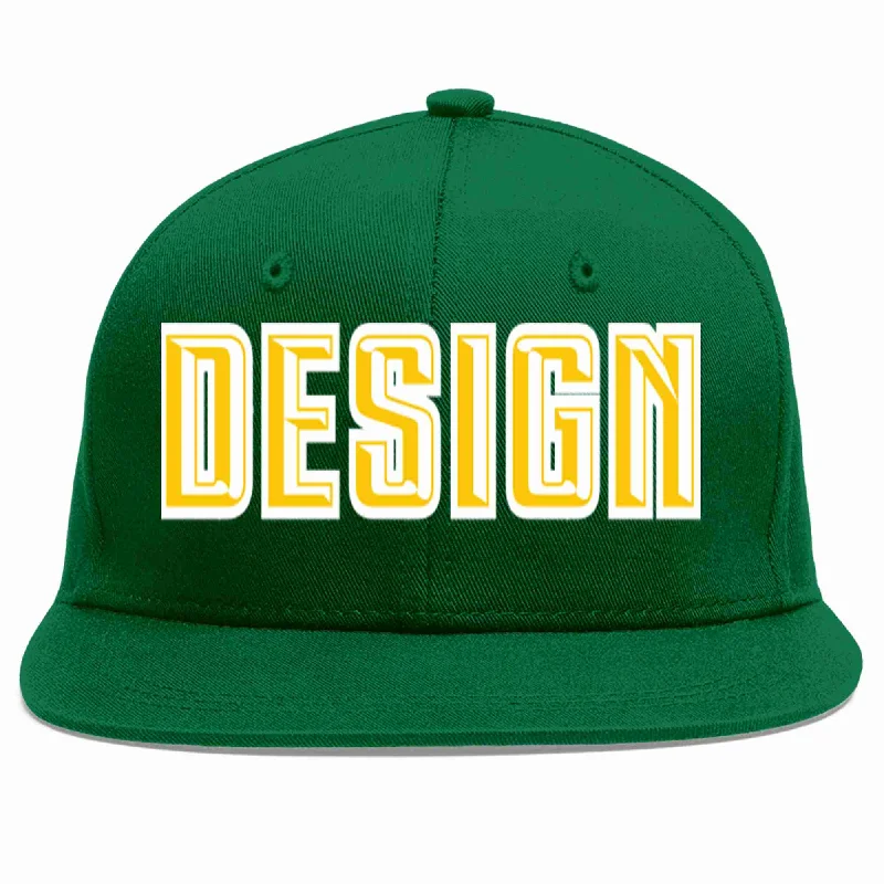 Baseball Cap For Sports Leagues-Custom Green Gold-White Flat Eaves Sport Baseball Cap Design for Men/Women/Youth