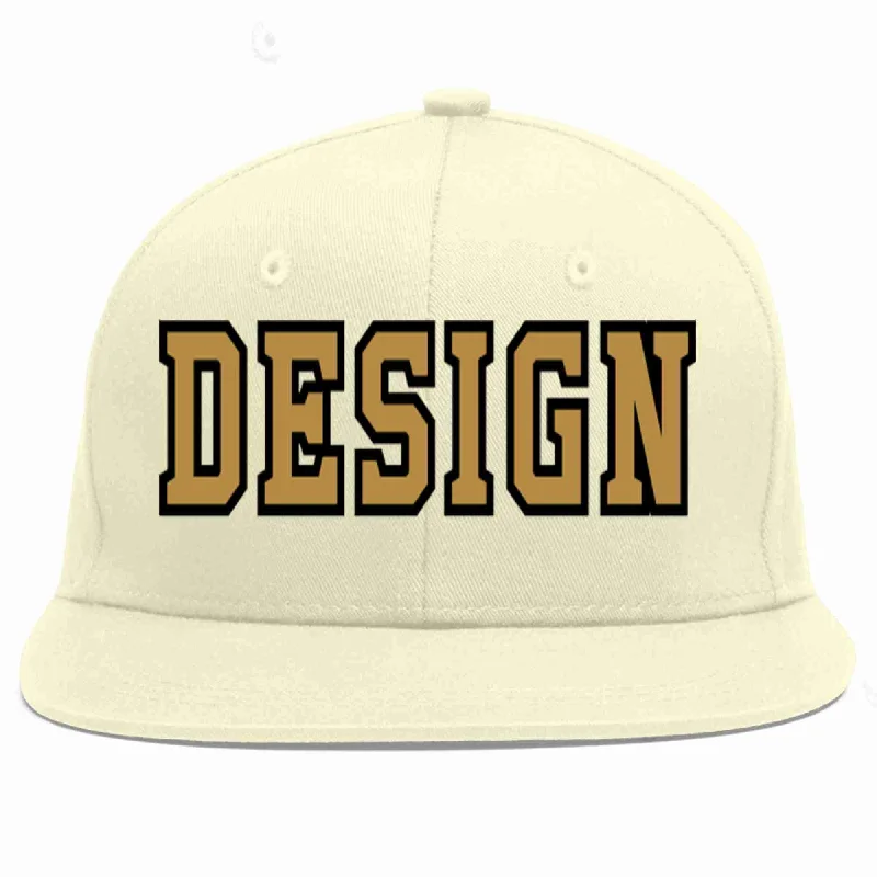 Baseball Cap With Team Identity-Custom Cream Old Gold-Black Flat Eaves Sport Baseball Cap Design for Men/Women/Youth