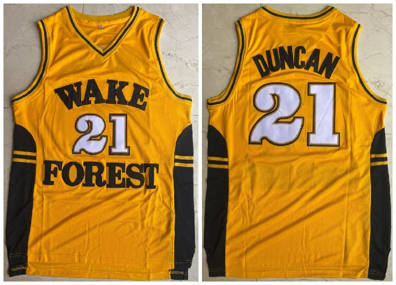 Basketball Jersey For Official Team Orders-Wake Forest Demon Deacons 21 Tim Duncan Yellow College Basketball Basketball Jersey