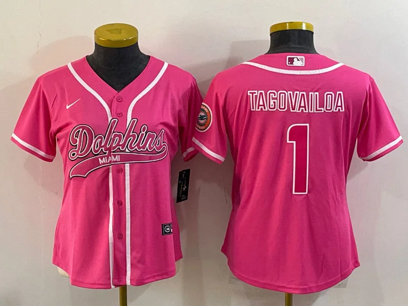 Baseball Jersey For Fan Event Customization-Women's Miami Dolphins #1 Tua Tagovailoa Pink With Patch Cool Base Stitched Baseball Jersey(Run Small)