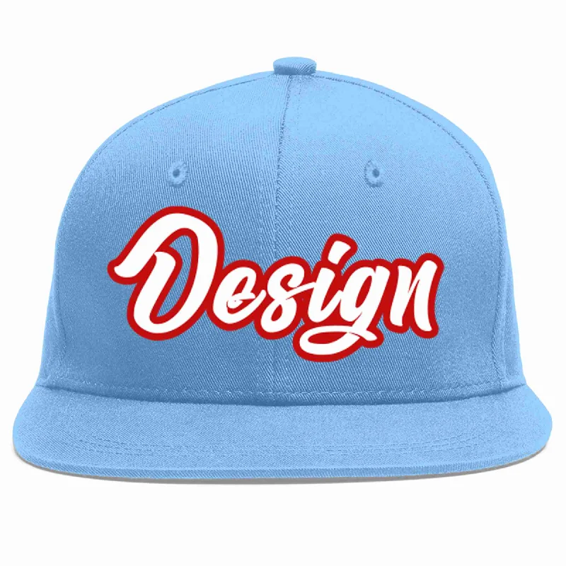 Baseball Cap For Championship Games-Custom Light Blue White-Red Flat Eaves Sport Baseball Cap Design for Men/Women/Youth