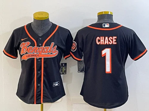 Baseball Jersey With Name And Number-Women's Cincinnati Bengals #1 Ja'Marr Chase Black With Patch Cool Base Stitched Baseball Jersey(Run Small)