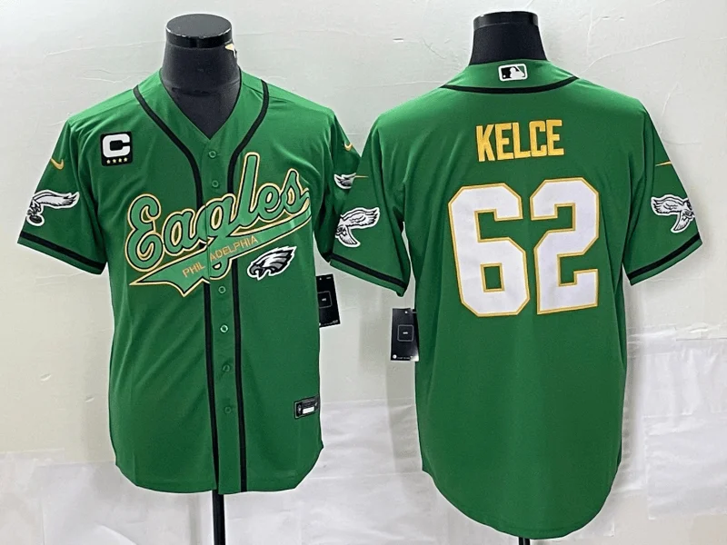 Baseball Jersey For Team Recognition-Men's Philadelphia Eagles #62 Jason Kelce Green Gold C Patch Cool Base Stitched Baseball Jersey