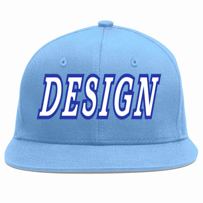 Baseball Cap For Personalized Designs-Custom Light Blue White-Royal Flat Eaves Sport Baseball Cap Design for Men/Women/Youth