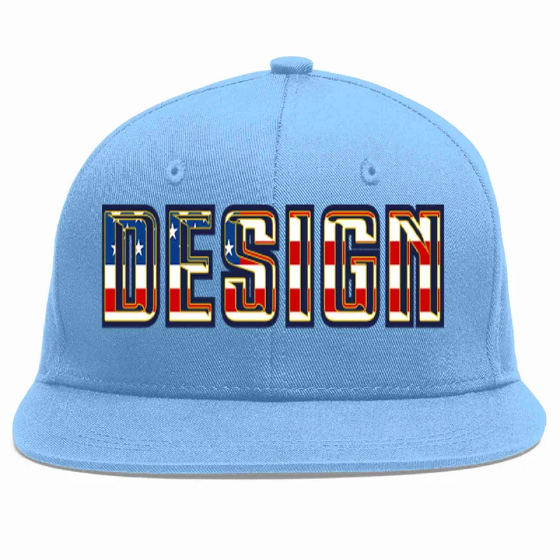 Baseball Cap For Fanatic Teams-Custom Light Blue Vintage USA Flag-Gold Flat Eaves Sport Baseball Cap Design for Men/Women/Youth