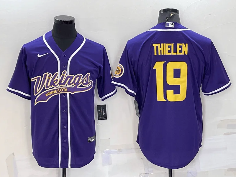 Baseball Jersey For Seasonal Fan Gifts-Men's Minnesota Vikings #19 Adam Thielen Purple Yellow With Patch Cool Base Stitched Baseball Jersey