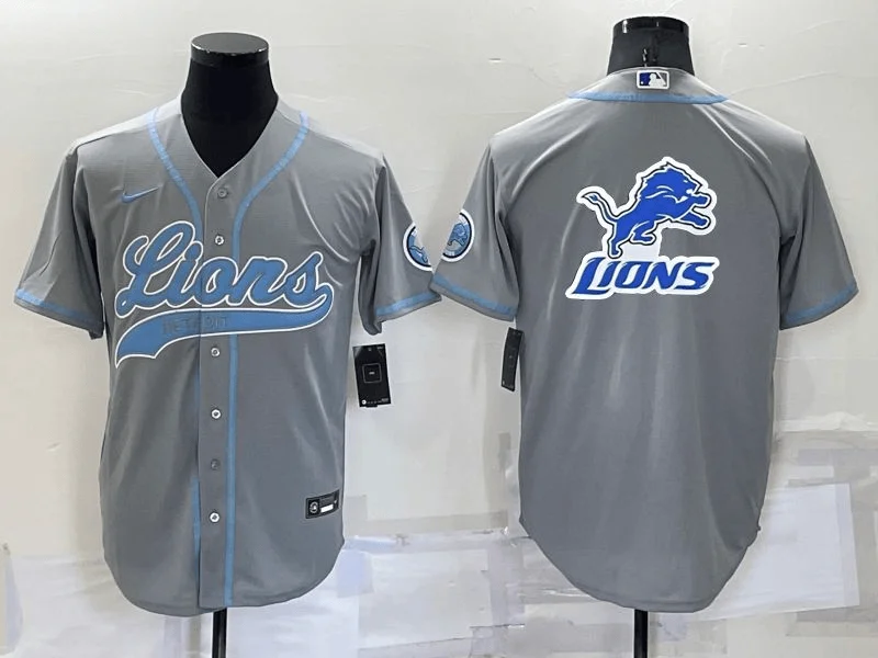 Baseball Jersey For Fundraisers-Men's Detroit Lions Grey Team Big Logo With Patch Cool Base Stitched Baseball Jersey