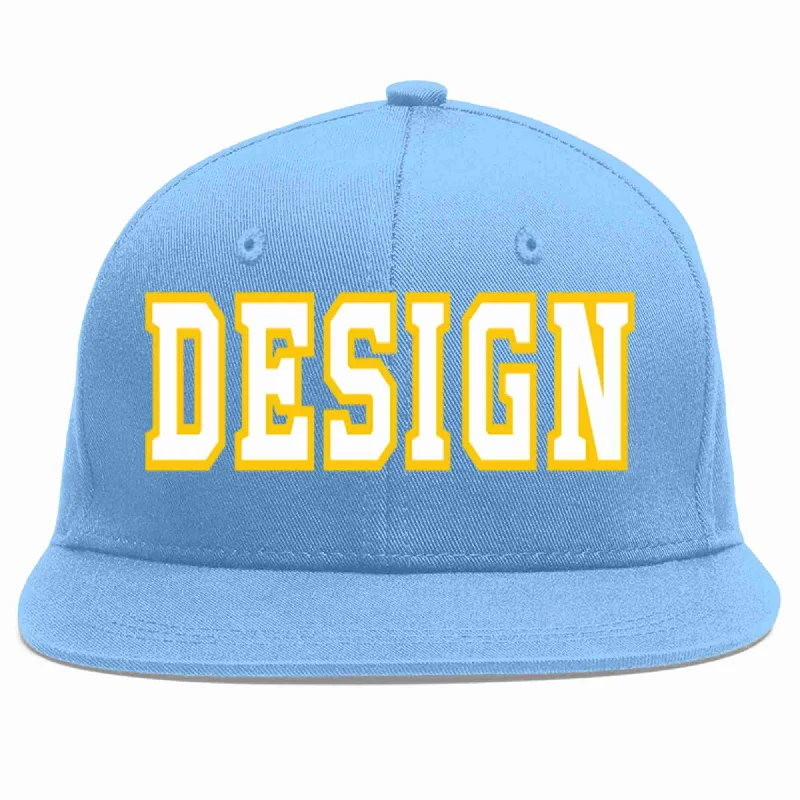 Baseball Cap With Personalized Embroidered Graphics-Custom Light Blue White-Gold Flat Eaves Sport Baseball Cap Design for Men/Women/Youth