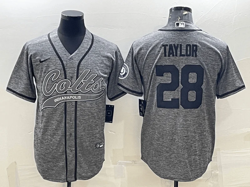 Baseball Jersey For High School Teams-Men's Indianapolis Colts #28 Jonathan Taylor Grey Gridiron With Patch Cool Base Stitched Baseball Jersey