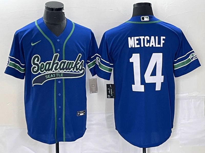 Baseball Jersey For Game Day-Men's Seattle Seahawks #14 DK Metcalf Blue With Patch Cool Base Stitched Baseball Jersey