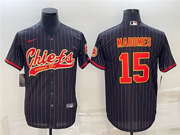 Baseball Jersey For Official Tournament Merchandise-Men's Kansas City Chiefs #15 Patrick Mahomes Black With Patch Cool Base Stitched Baseball Jersey