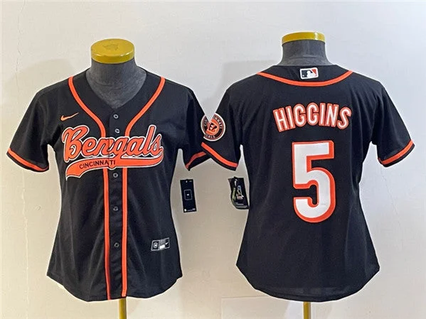 Baseball Jersey For Personalized Fan Support-Women's Cincinnati Bengals #5 Tee Higgins Black With Patch Cool Base Stitched Baseball Jersey(Run Small)