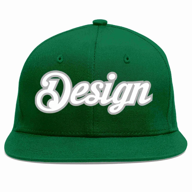 Baseball Cap For Fans-Custom Green White-Gray Flat Eaves Sport Baseball Cap Design for Men/Women/Youth