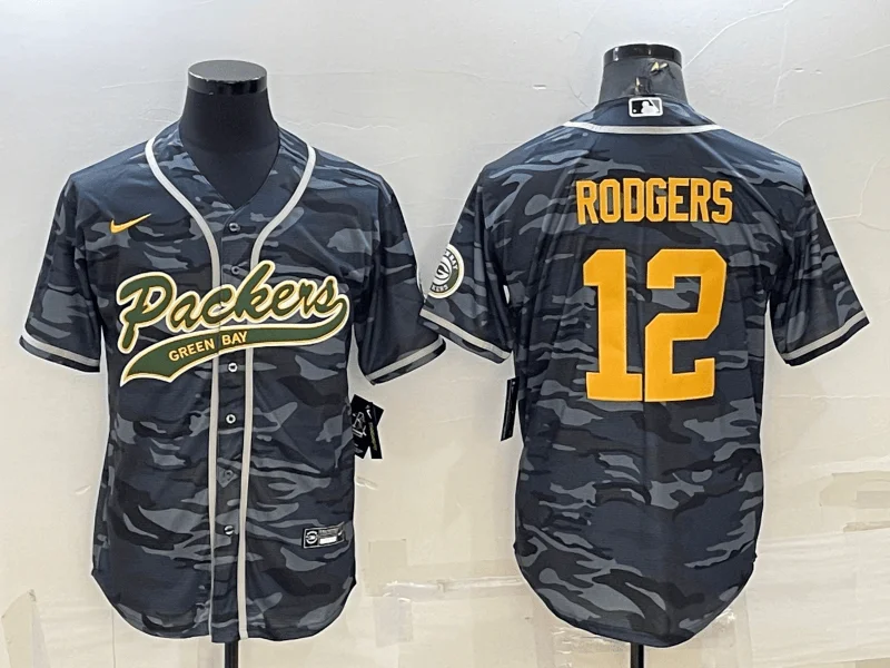 Baseball Jersey For Custom Team Orders And Sales-Men's Green Bay Packers #12 Aaron Rodgers Grey Gold Camo With Patch Cool Base Stitched Baseball Jersey