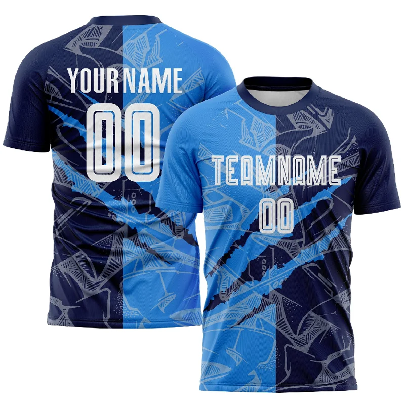 Football Jersey For Custom Team Outfits-Custom Graffiti Pattern Powder Blue-Navy Scratch Sublimation Soccer Uniform Jersey