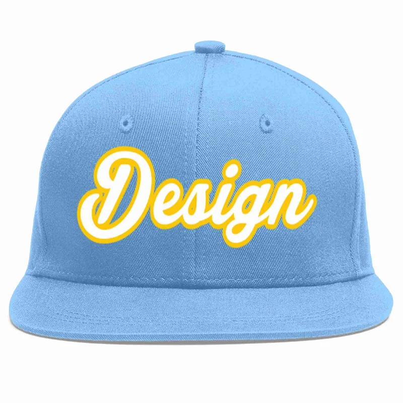 Baseball Cap For Promotional Products-Custom Light Blue White-Gold Flat Eaves Sport Baseball Cap Design for Men/Women/Youth